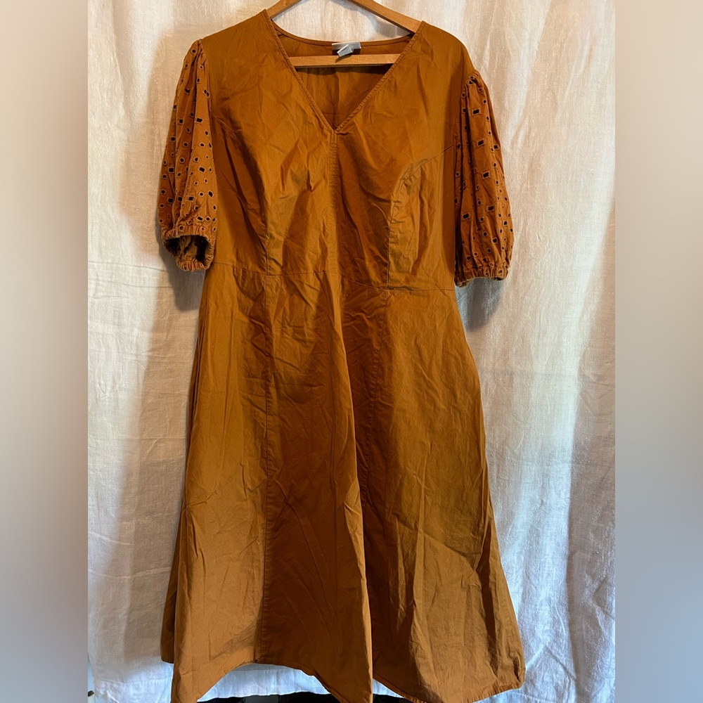 Ava & Viv Orange Brown V-Neck Puff Sleeve Midi Dress
